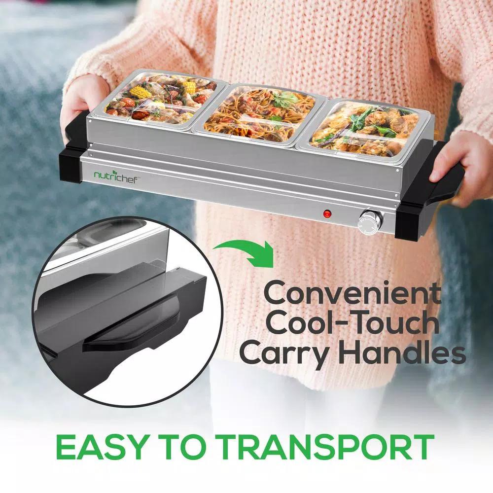 NutriChef 21.9 in. Stainless Steel 3-Plate Electric Buffet Server Food Warming Tray