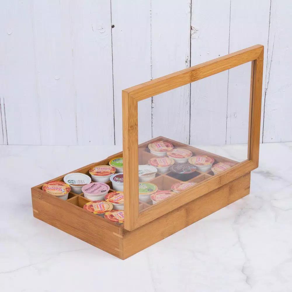 Creative Home Natural Bamboo Single Serve Coffee Pod Holder with Acrylic Cover, Holds 24 Pods