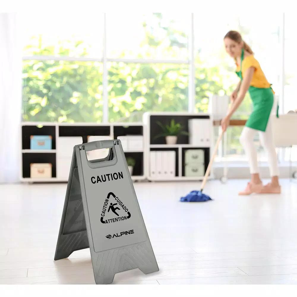 Alpine Industries 24 in. Gray Bilingual Wet Floor Sign, Two-Sided A-Frame Safety Sign