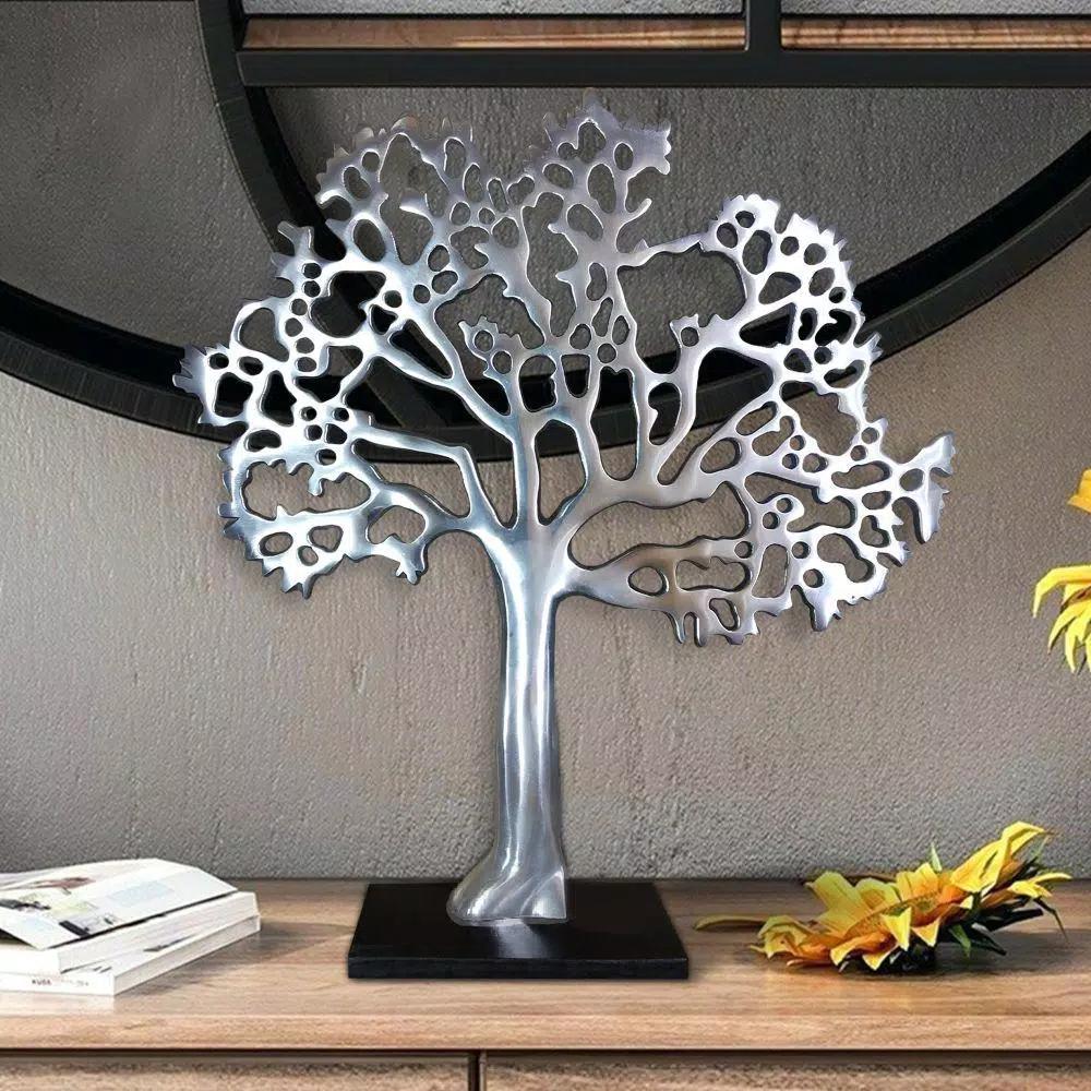 Benjara Modern Silver and Black Aluminum Tree Sculpture Decor with Block Base