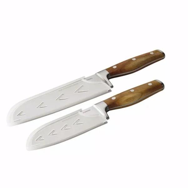 Rachael Ray Cucina 2-Piece Japanese Stainless Steel Santoku Knife Set with Acacia Wood Handles