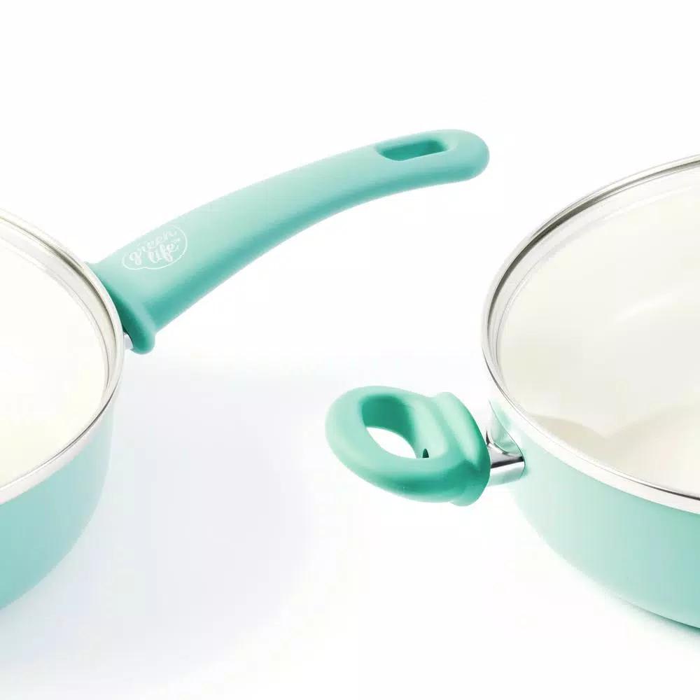 GreenLife Soft Grip 5 Qt. Aluminum Ceramic Nonstick Saute Pan with Glass Lid, Turquoise