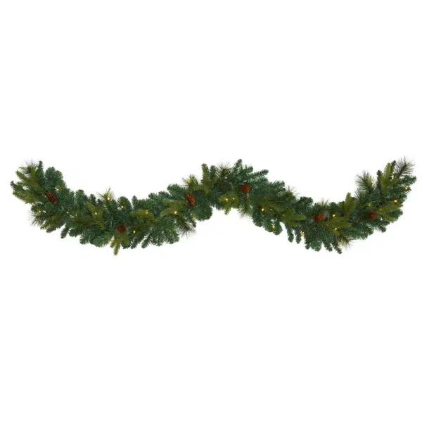Nearly Natural 6 ft. Pre-lit Mixed Pine and Pinecone Artificial Garland with 35 LED Lights