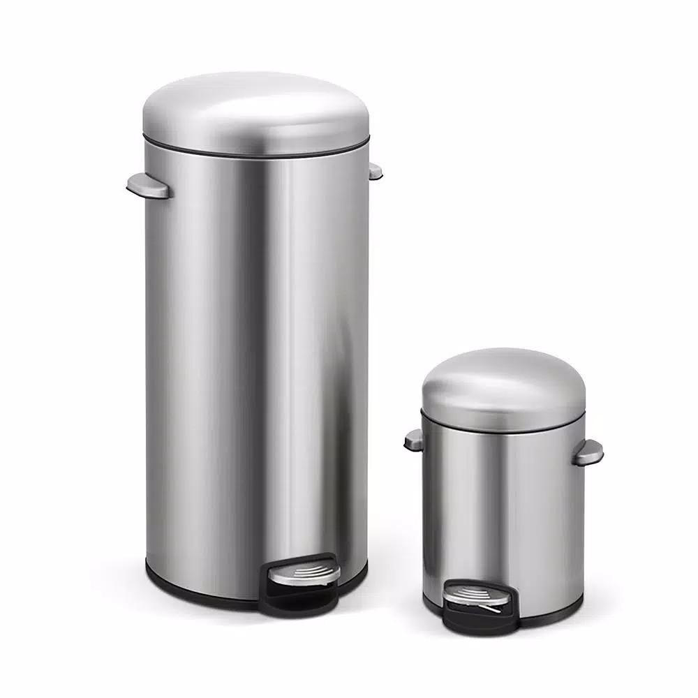 Innovaze Stainless Steel Round Step-On Trash Can Set, 8 Gal. and 1.3 Gal. Fingerprint Resistant