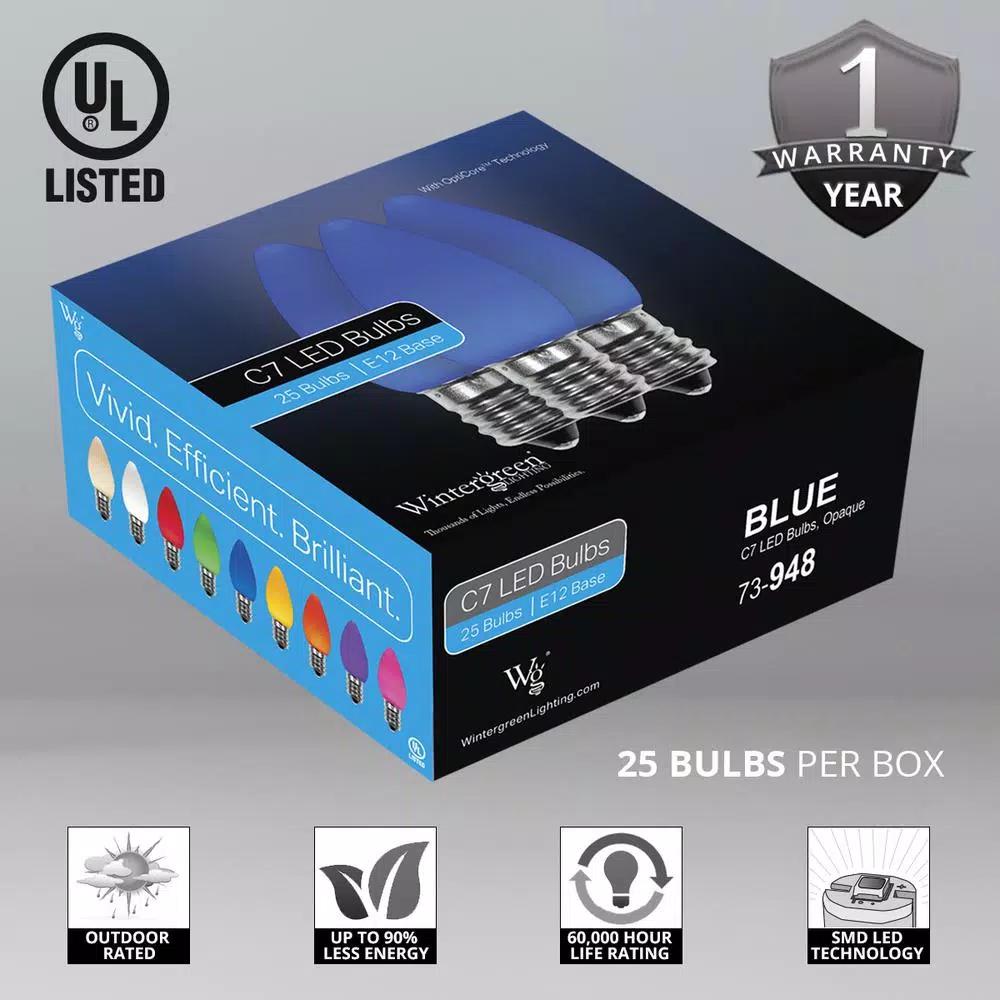 Wintergreen Lighting OptiCore C7 LED Blue Smooth Opaque Christmas Light Bulbs, 25-Pack