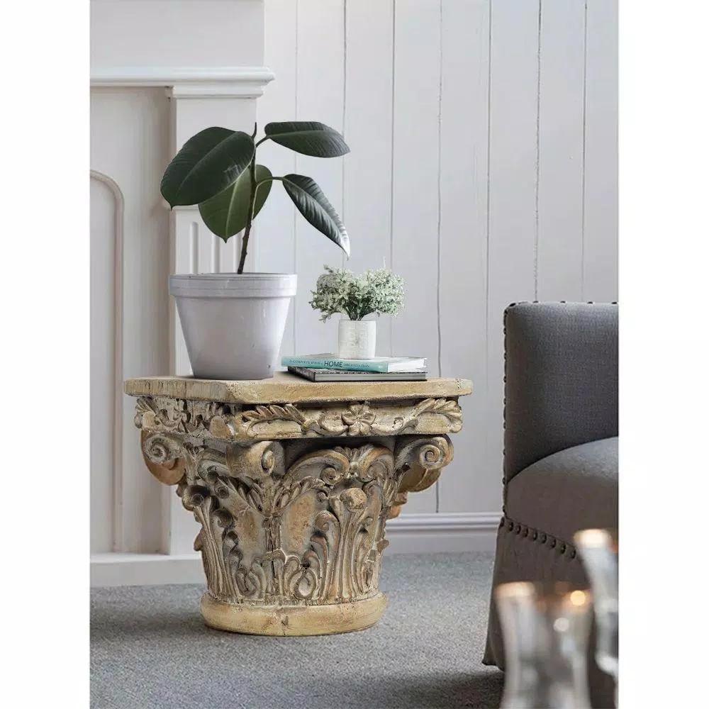 Benjara Aesthetic Resin Decorative Pedestal with Acanthus Leaf Design and Scrolled Details, Brown
