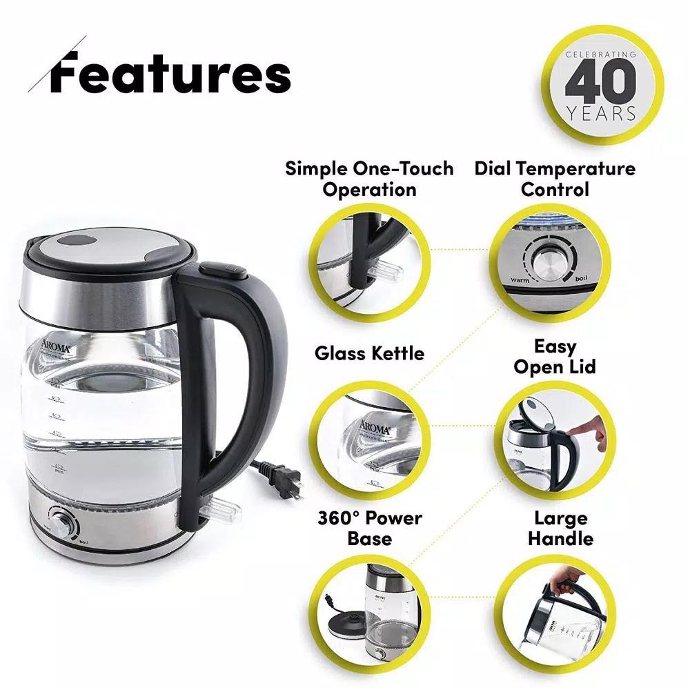 Aroma Stainless Steel Electric Kettle with German Glass, 1.2L Capacity, 1500W