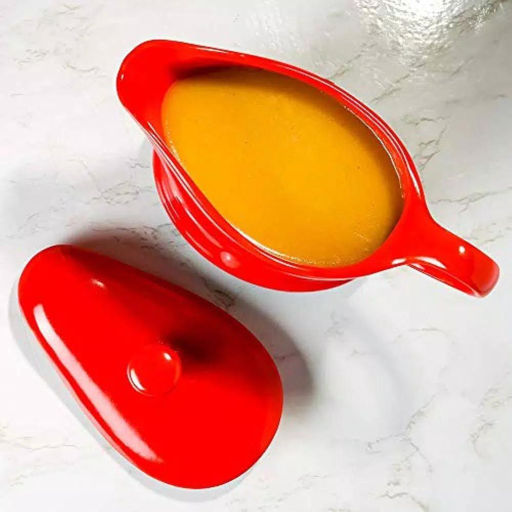 Ovente 16 oz. Red Electric Gravy Warmer with Detachable Ceramic Boat