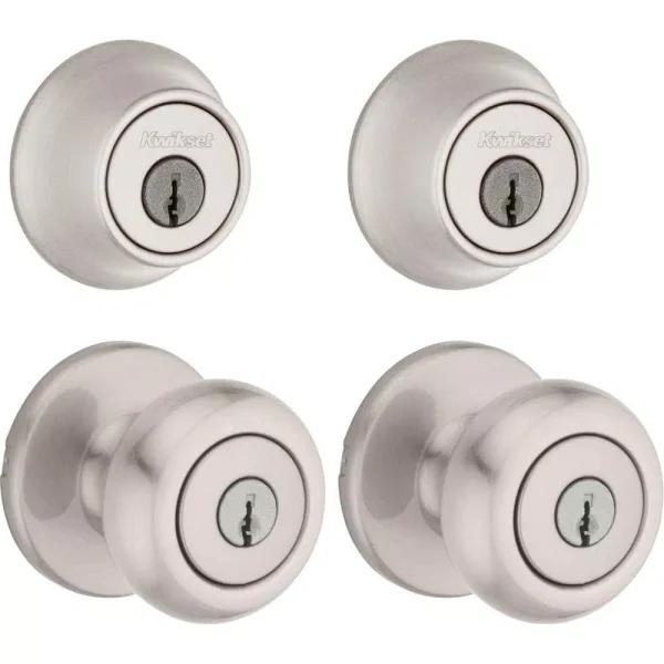 Kwikset Cove Satin Nickel Single-Cylinder Deadbolt and Keyed Entry Knob Combo Pack (2-Pack)