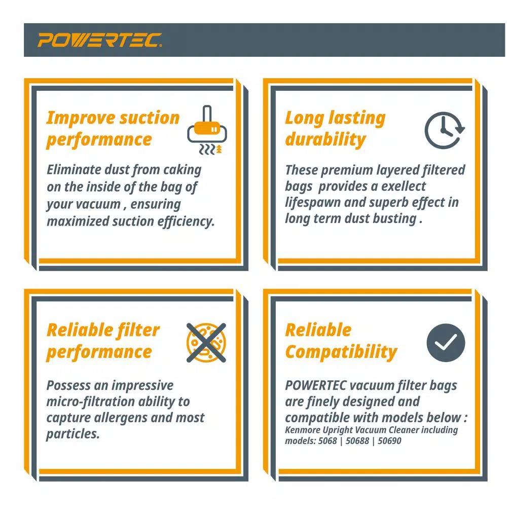 POWERTEC HEPA Replacement Vacuum Bags for Kenmore O-Style Upright Vacuums, 6-Ply Cloth (3-Pack)
