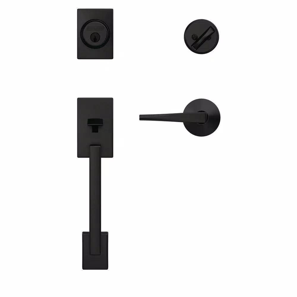 Schlage Custom Century Matte Black Single Cylinder Handleset with Eller Lever and Kinsley Trim