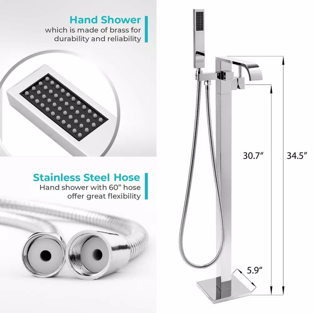 AKDY Freestanding Floor Mount Roman Tub Faucet with Hand Shower, Chrome