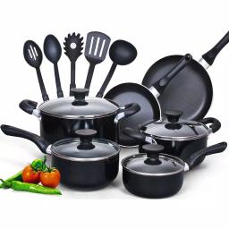 Cook N Home 15-Piece Nonstick Aluminum Cookware Set with Soft Handles, Black thumbnail 1