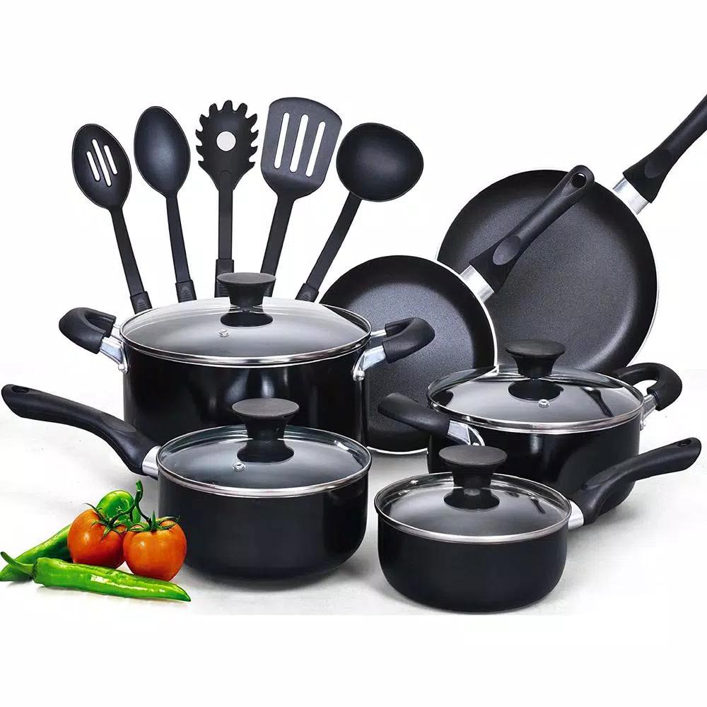 Cook N Home 15-Piece Nonstick Aluminum Cookware Set with Soft Handles, Black