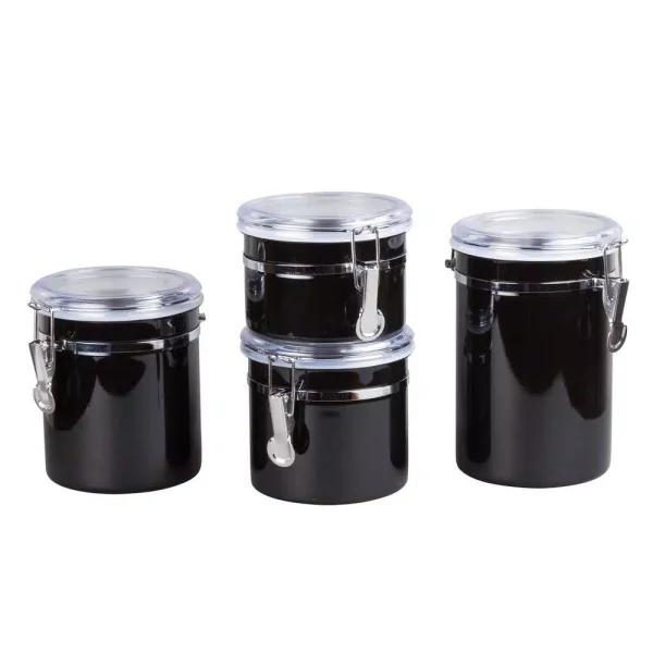 Creative Home 4-Piece Black Stainless Steel Canister Set with Airtight Locking Clamp Lids