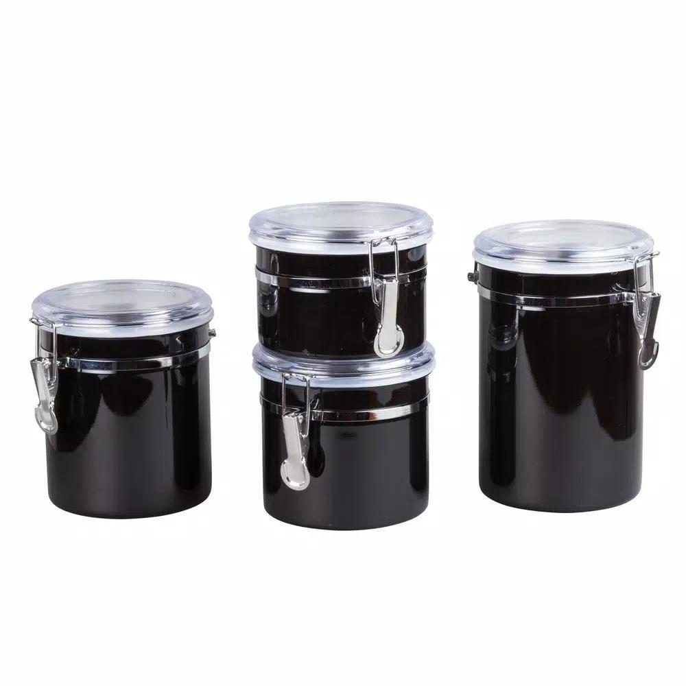 Creative Home 4-Piece Black Stainless Steel Canister Set with Airtight Locking Clamp Lids