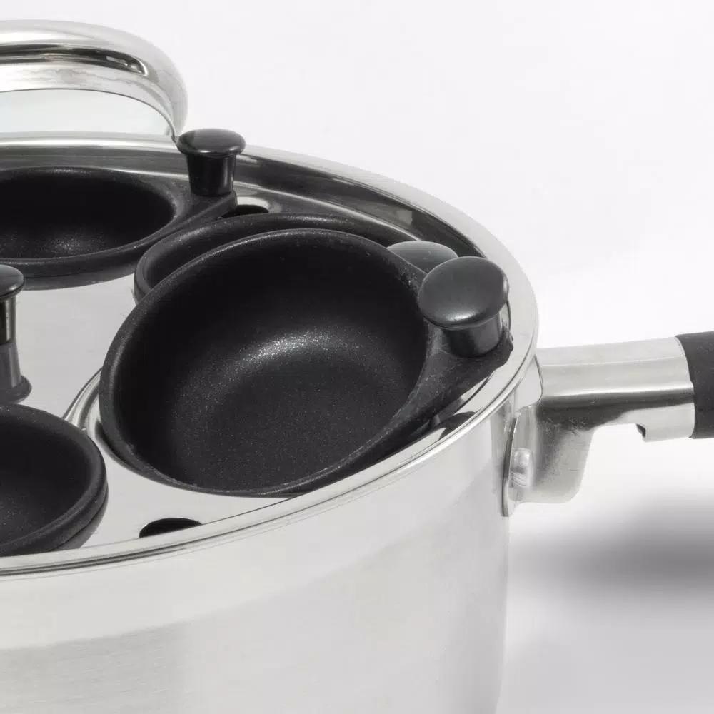 ExcelSteel Professional 6-Cup Stainless Steel Egg Poacher Set with Non-Stick Cups and Silicone Spatula
