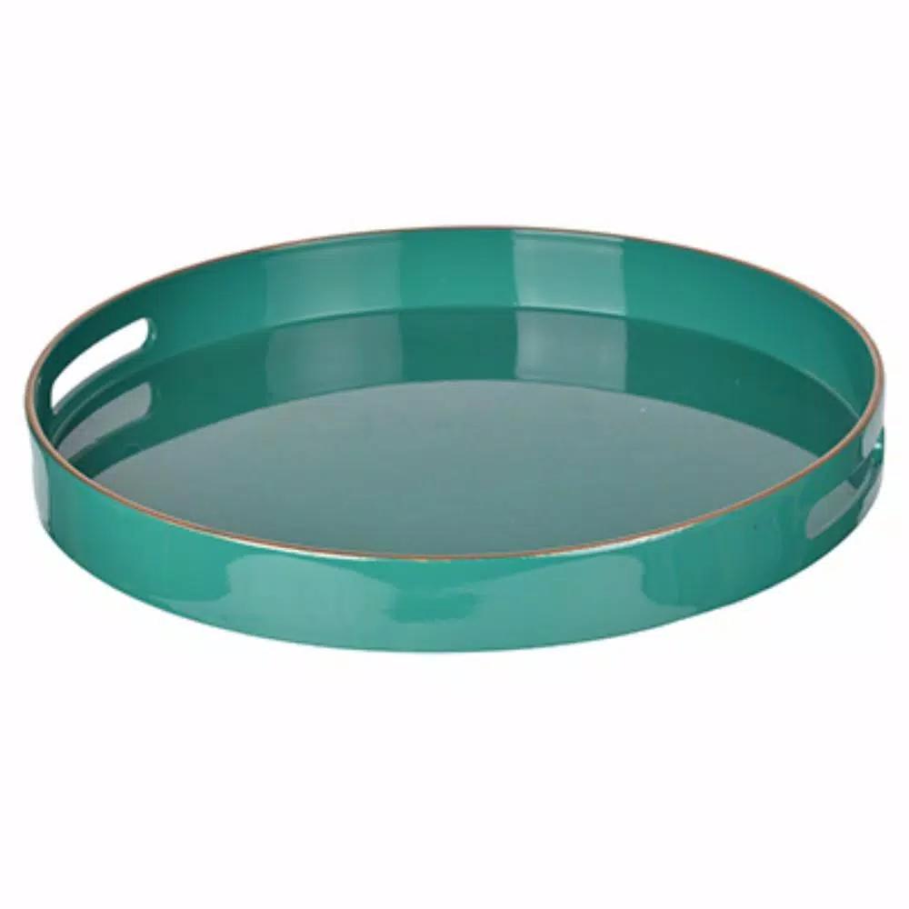 Benzara Modern Green Round Serving Tray with Cutout Handles, 14.57 inch Plastic Multipurpose Tray