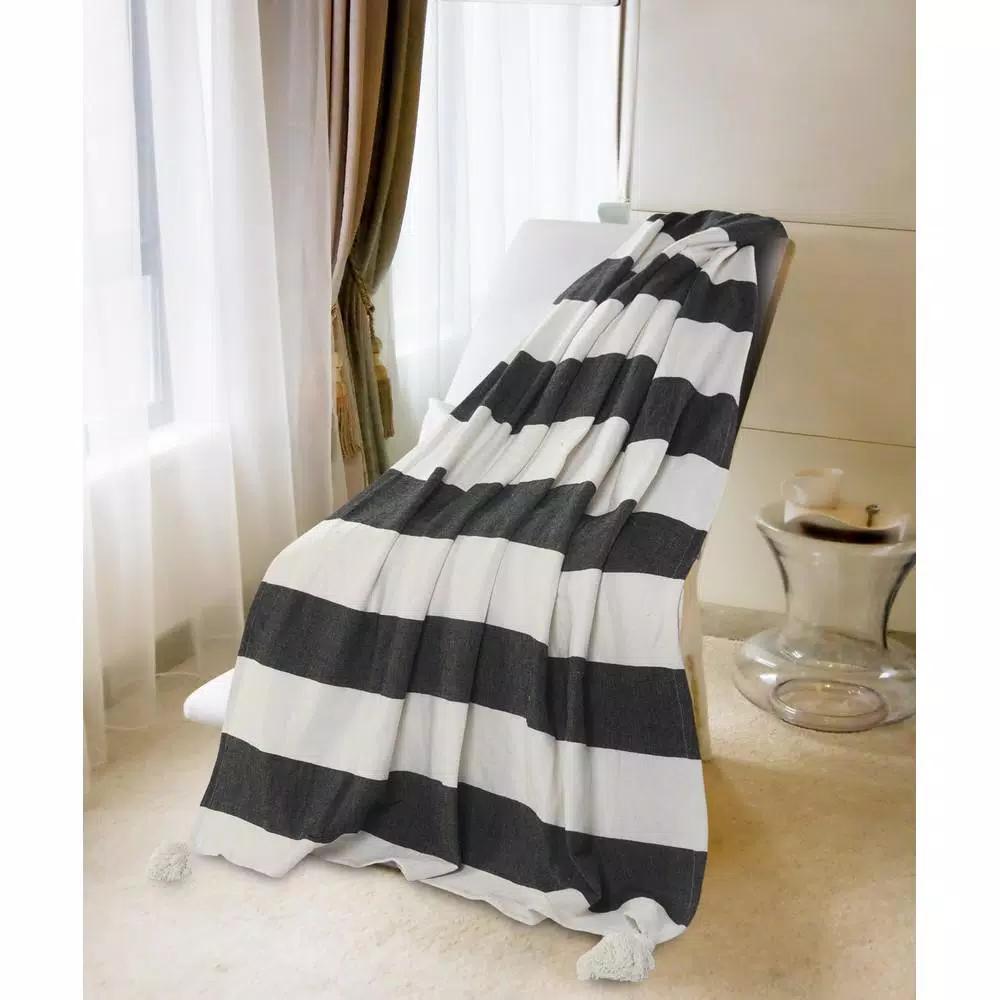 LR Home Metty Charcoal and Ivory Bold Striped Tasseled Cotton Throw Blanket