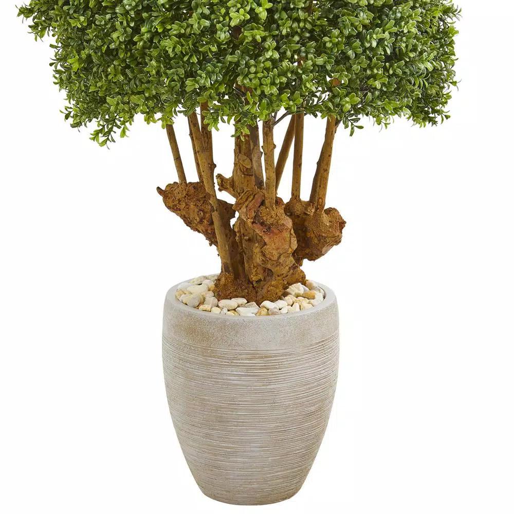 Nearly Natural 41 in. Artificial Boxwood Topiary Tree in Sandstone Planter with Natural Stones