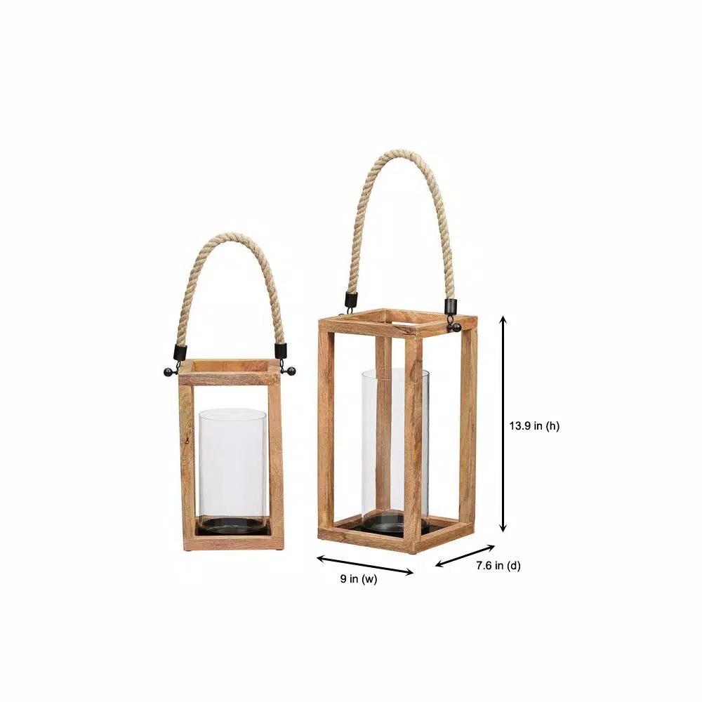 StyleWell Natural Mango Wood Candle Lanterns with Rope Handle, Set of 2