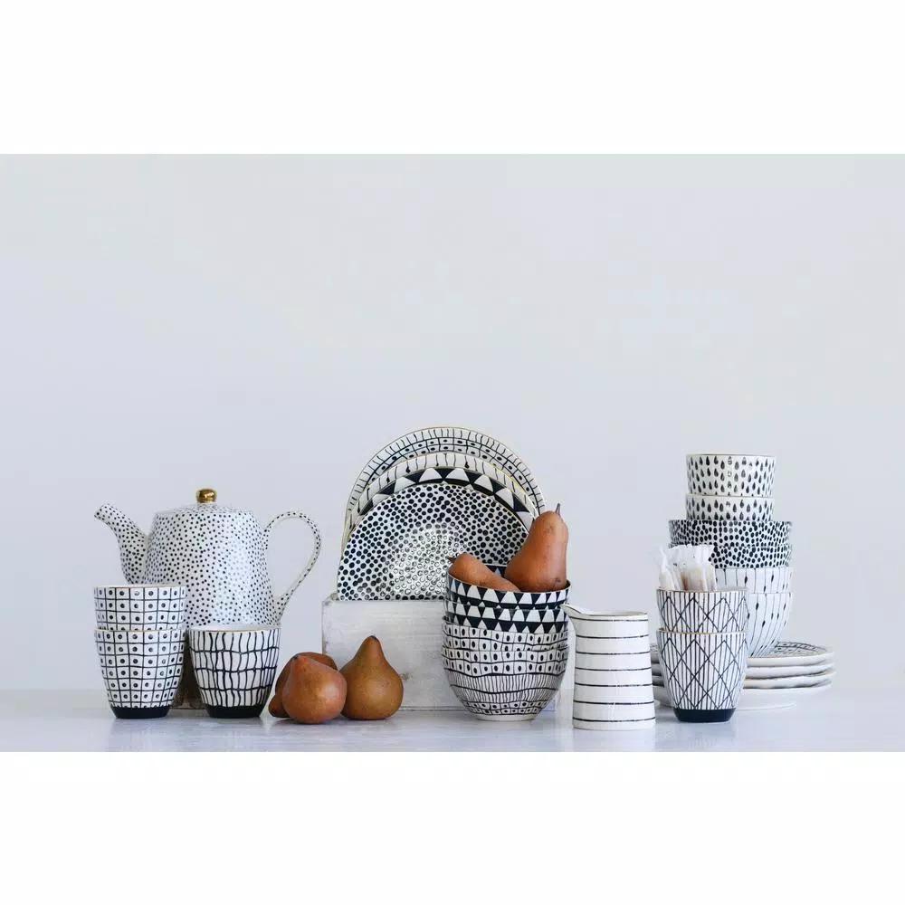 3R Studios Black and White Geometric Stoneware Salad Plates, Set of 4 with Gold Rim