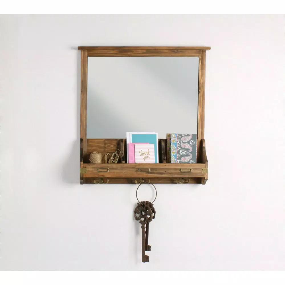 Kate and Laurel Stallard Rustic Brown Multi-Function Wall Mirror Memo Board with Hooks and Pockets