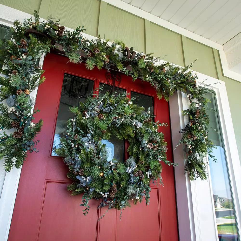 Village Lighting Company 9 ft. Pre-Lit LED Rustic White Berry Garland with Pinecones and Greenery
