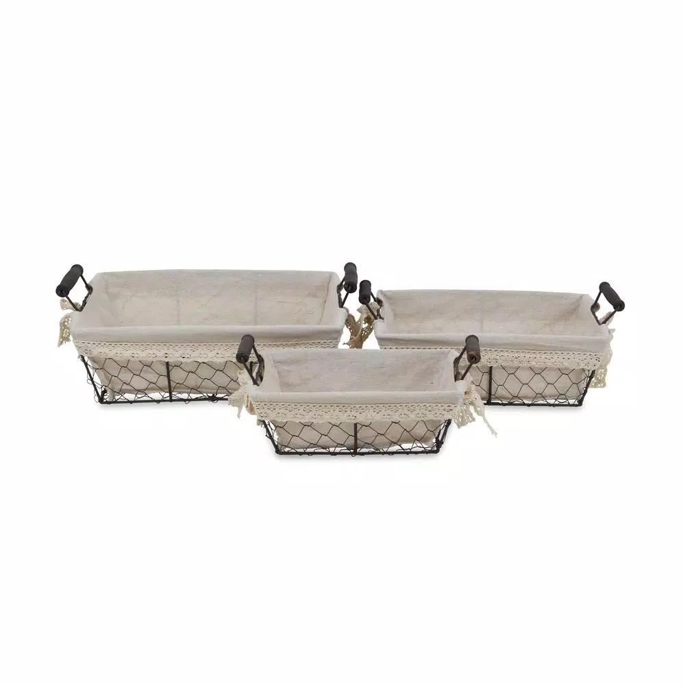 Cheungs Beige Metal Wire Decorative Tray Set of 3 with Fabric Liners - Farmhouse Style