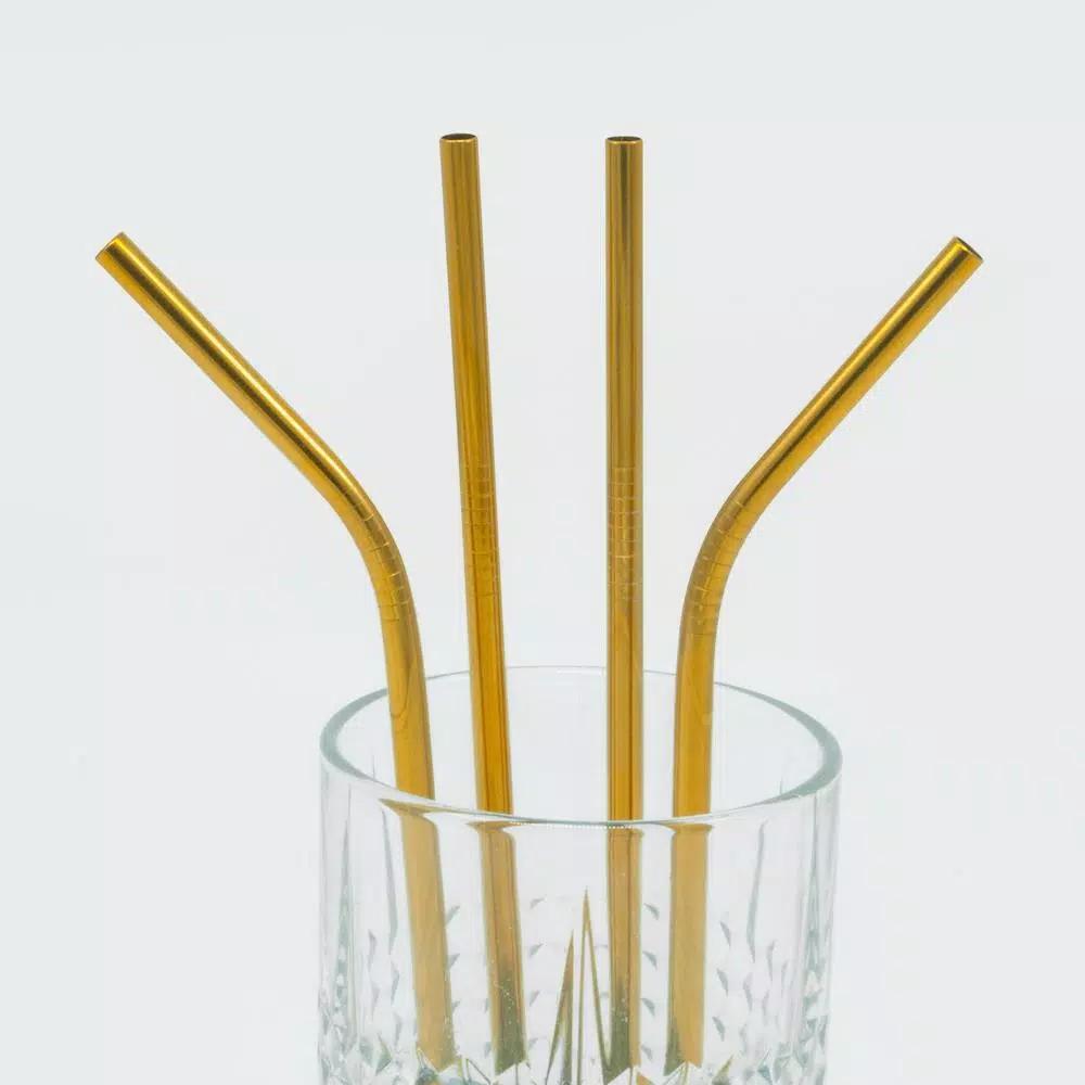 ExcelSteel 10-Piece Gold Stainless Steel Reusable Straw Set with Cleaning Brushes