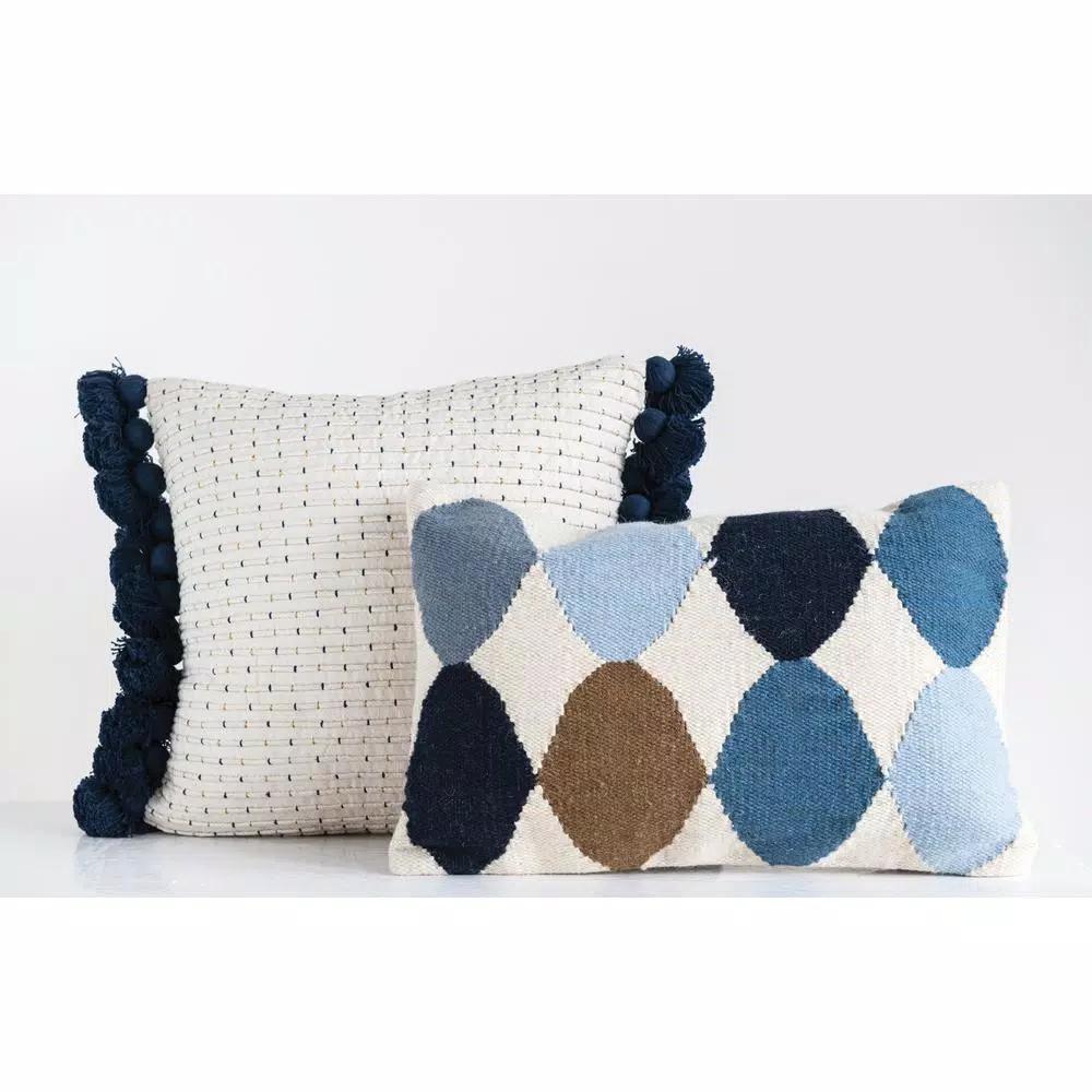 3R Studios Off-White Geometric Pattern Lumbar Throw Pillow, Blue and Brown, 26 x 16 in.