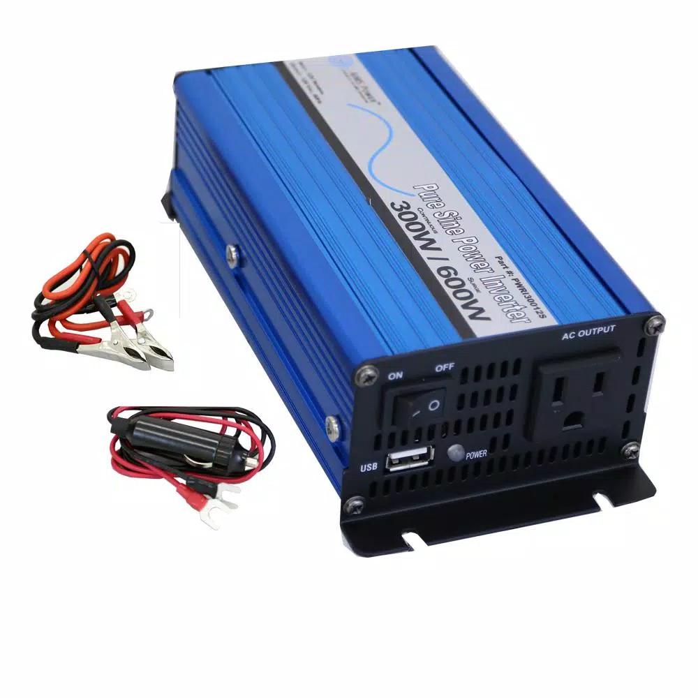 AIMS Power 300-Watt Pure Sine Wave Inverter, 12V DC to 120V AC with USB Port