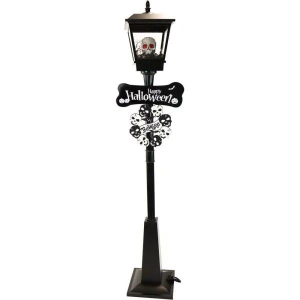 Haunted Hill Farm 71 in. Black Animated Skull Lamp Post with Spooky Music