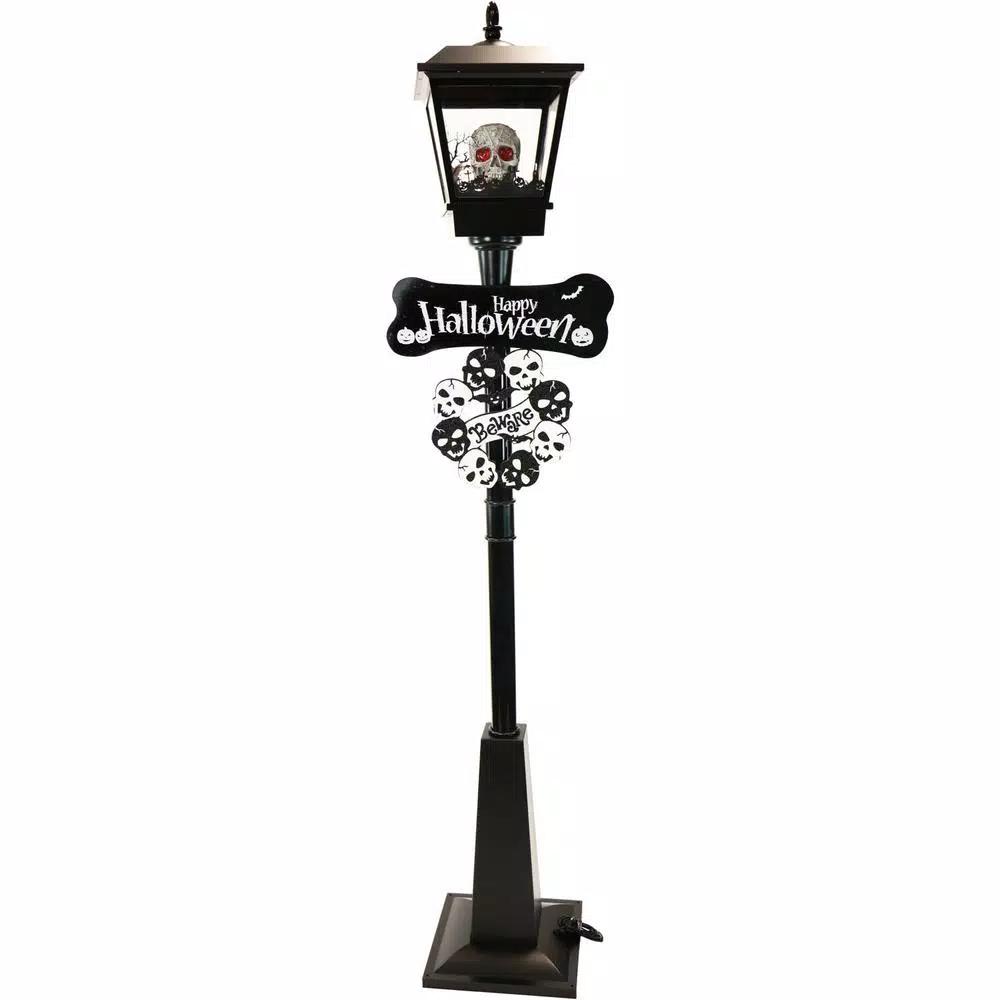 Haunted Hill Farm 71 in. Black Animated Skull Lamp Post with Spooky Music