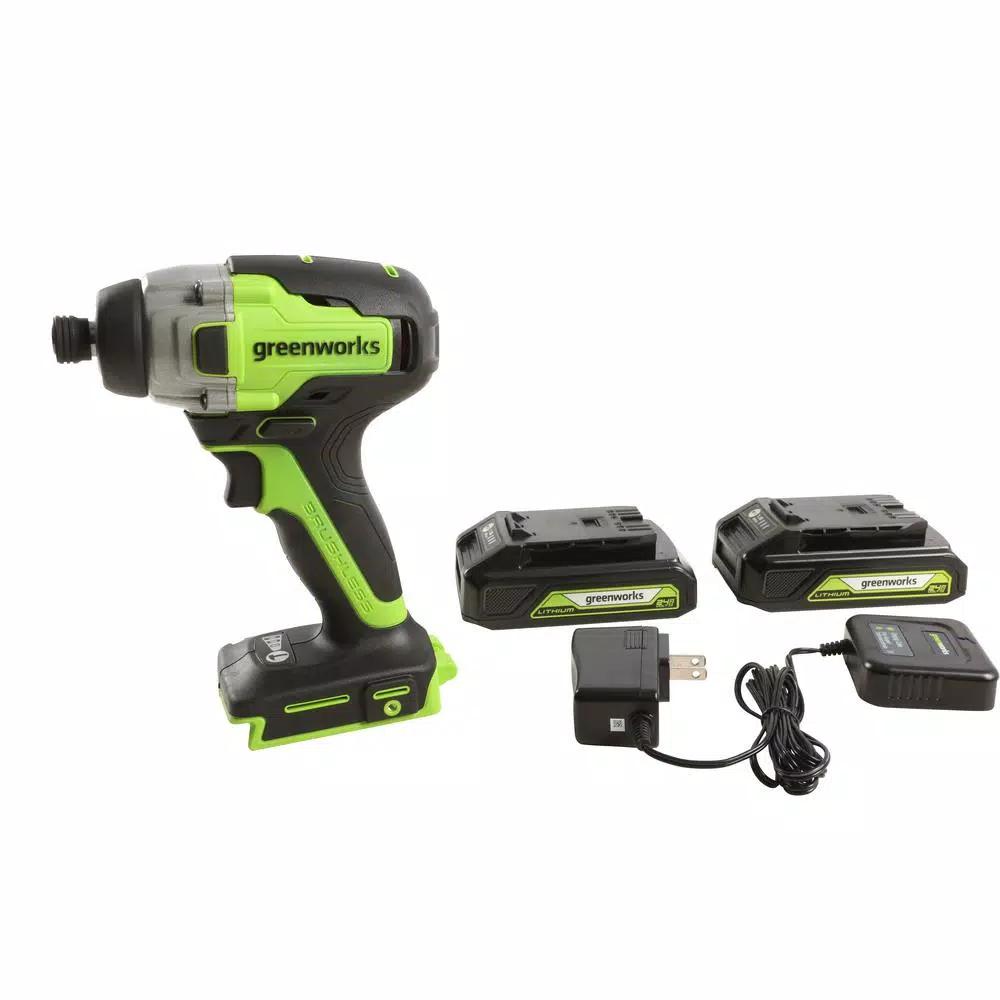 Greenworks 24V Cordless Brushless Impact Driver Kit with 2 Batteries and Charger