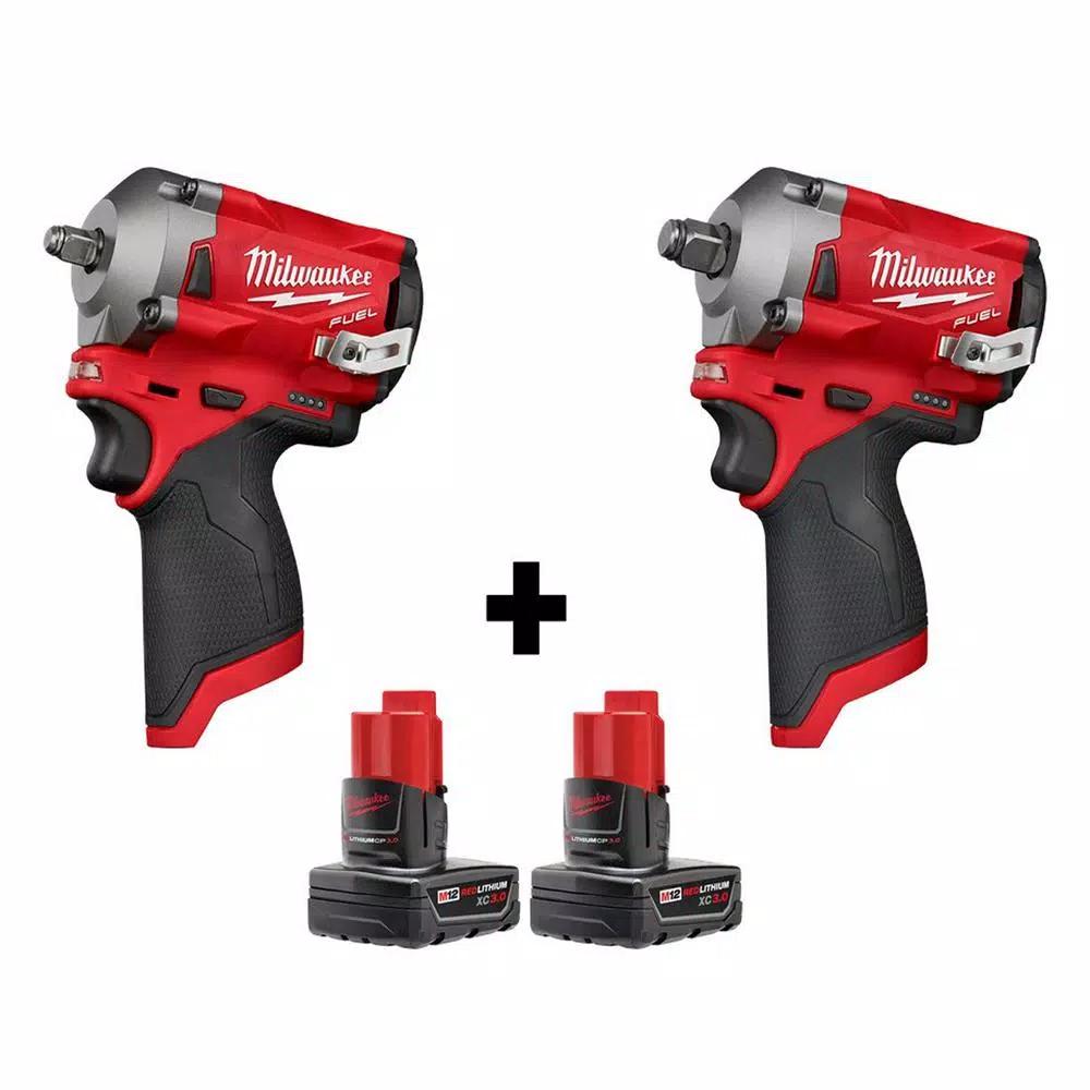 Milwaukee M12 FUEL 12V Cordless Brushless Stubby Impact Wrench Combo Kit (3/8 in. & 1/2 in.) with Two 3.0 Ah Batteries