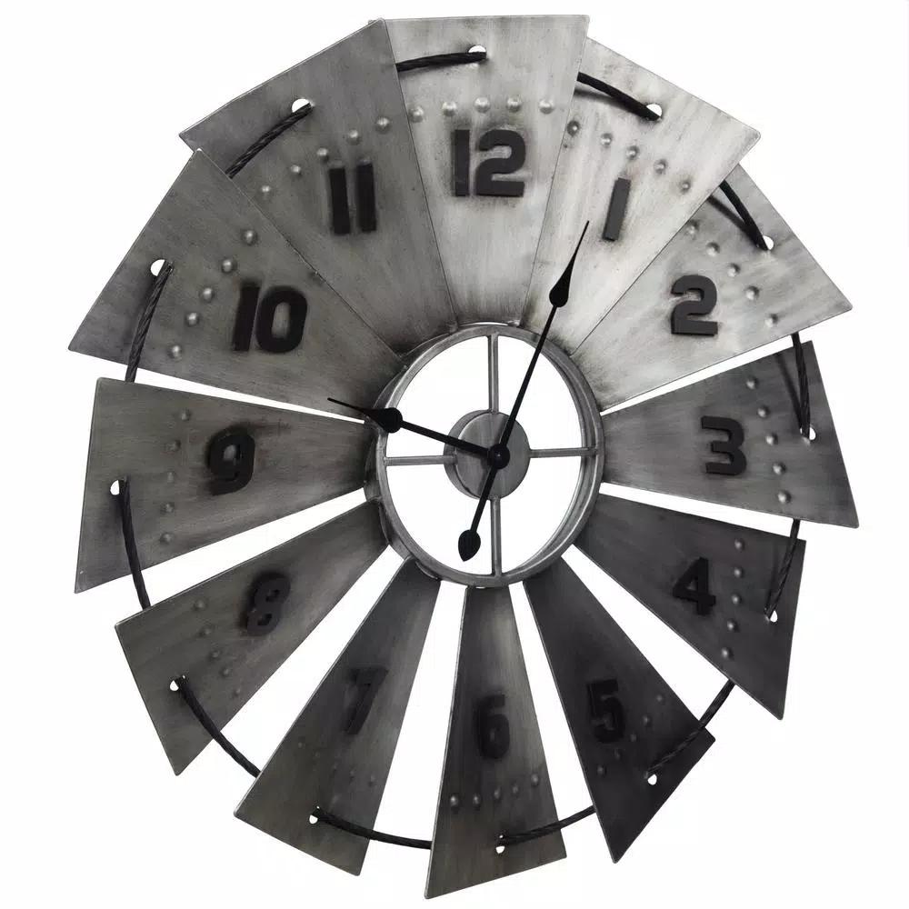 Pinnacle Rustic Galvanized Metal Windmill Wall Clock, 31-in Oversized Farmhouse Decor