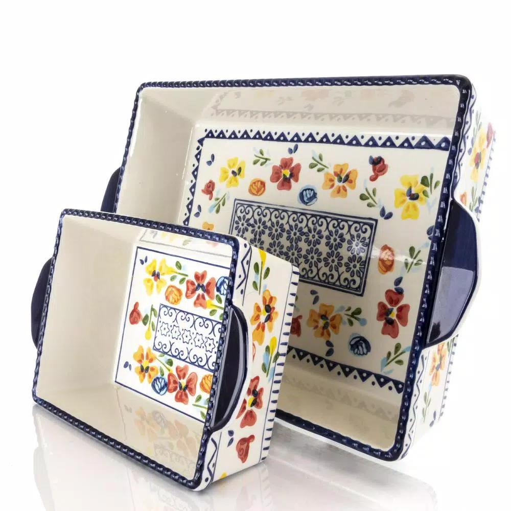 Gibson Elite Luxembourg 2-Piece Rectangular Stoneware Bakeware Set, Floral Design
