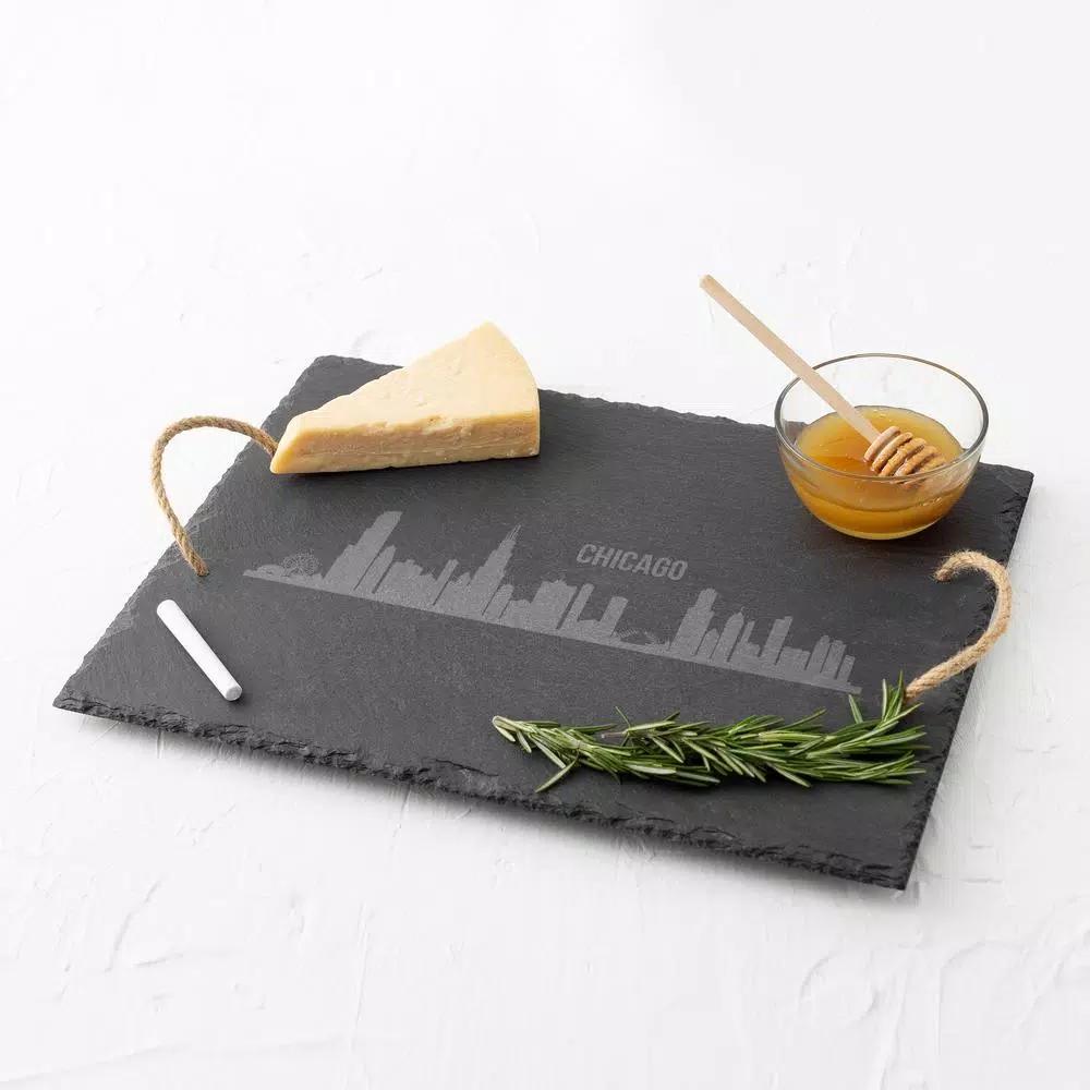 Cathy's Concepts Chicago Skyline Black Slate Serving Tray with Hemp Handles