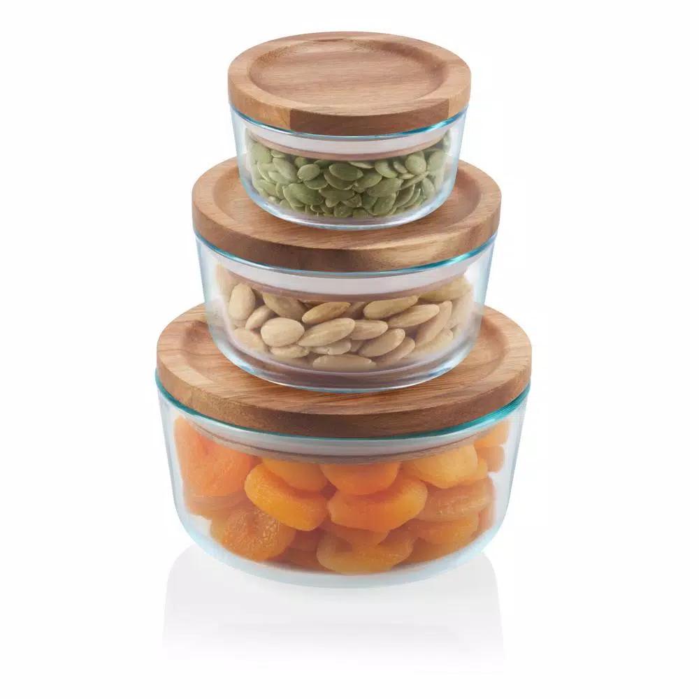 Pyrex Simply Store 6-Piece Pyrex Glass Food Storage Container Set with Acacia Wood Lids