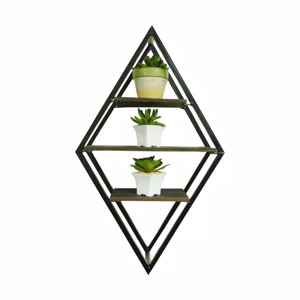 Admired By Nature 3-Tier Metal Diamond Shaped Wall Mounted Display Shelf, Matte Black