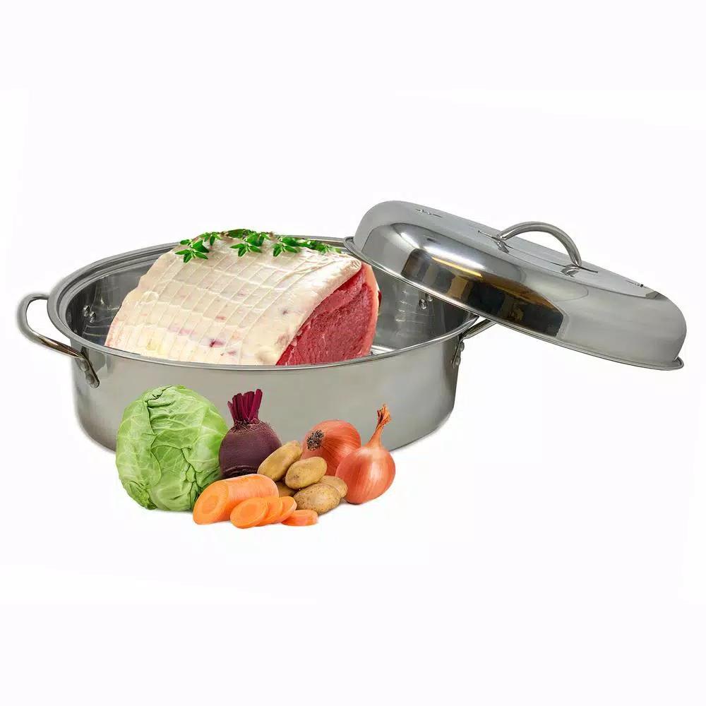 LavoHome Professional Stainless Steel Oval Roaster Set with Induction Lid and Wire Rack, 9.5 Qt