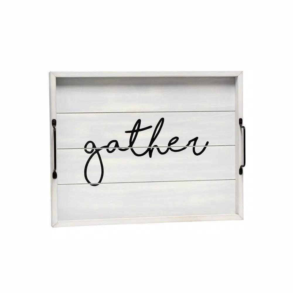 Elegant Designs Gather Gray Wash Decorative Wood Serving Tray with Black Metal Handles