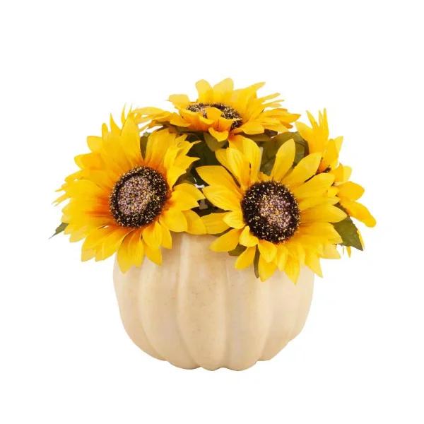 Flora Bunda 10 in. Artificial Yellow Sunflowers in 7 in. Plastic Foam Pumpkin Arrangement