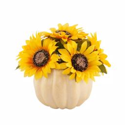 Flora Bunda 10 in. Artificial Yellow Sunflowers in 7 in. Plastic Foam Pumpkin Arrangement thumbnail 1