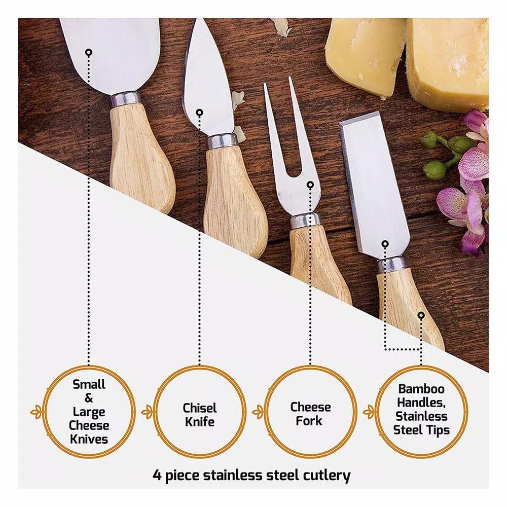 Bambusi Bambsi Bamboo Cheese Board and Cutlery Set with Slide Out Drawer and 4 Utensils