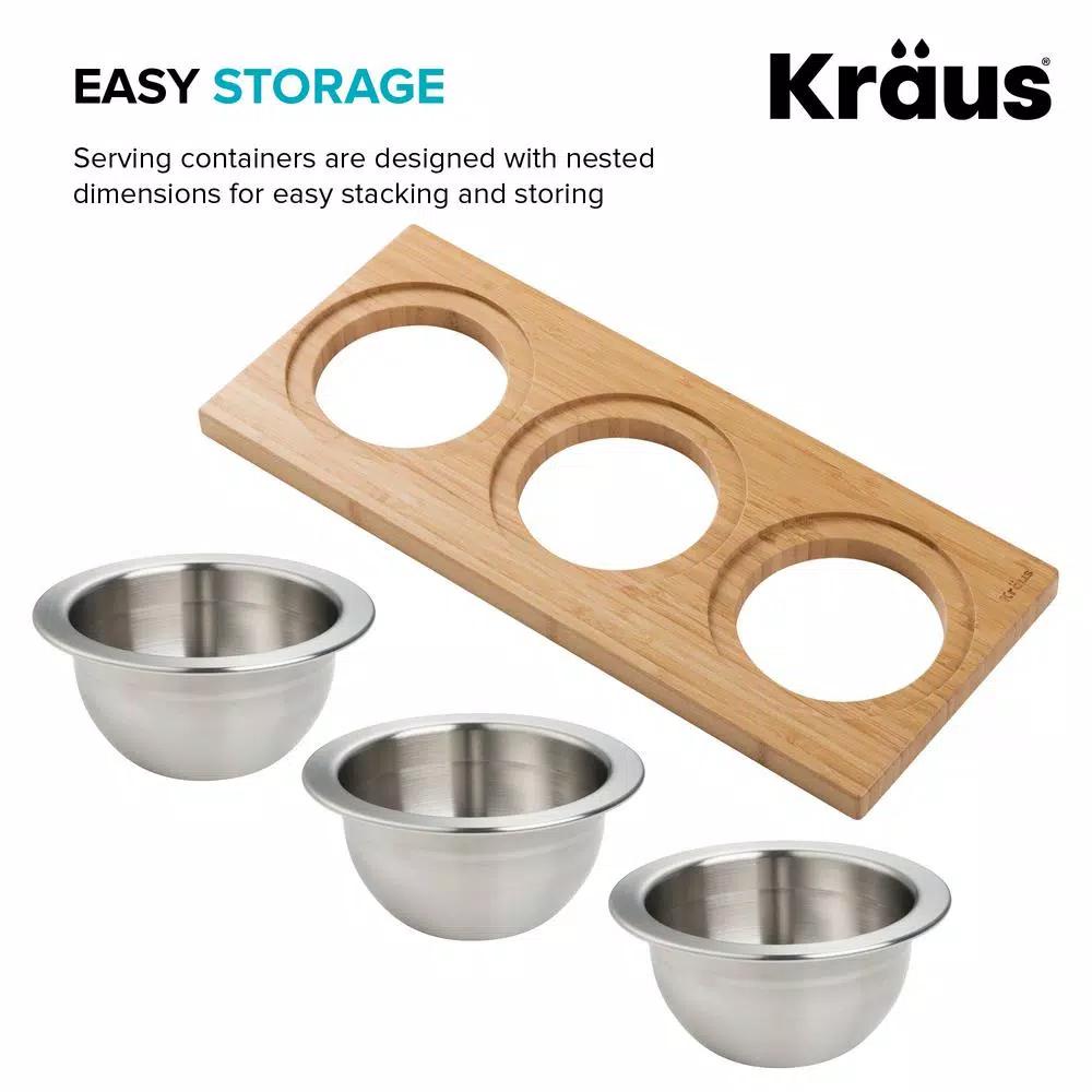 Kraus 16.75 in. Bamboo Workstation Kitchen Sink Serving Board Set with 3 Stainless Steel Prep Bowls