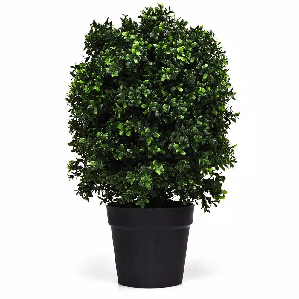 Costway 24 in. Artificial Boxwood Topiary Ball Tree Set of 2 - Indoor/Outdoor Faux Greenery