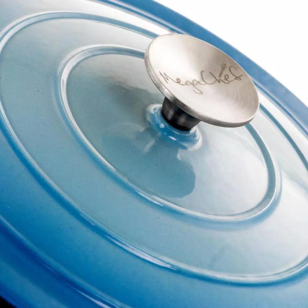 MegaChef 4 Qt. Round Enameled Cast Iron Casserole Dish with Lid, Blue