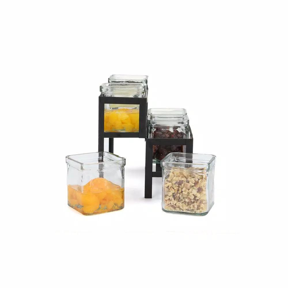 Mind Reader 6-Compartment 2-Tier Black Metal Condiment Server with 6 Removable 8 oz. Glass Jars